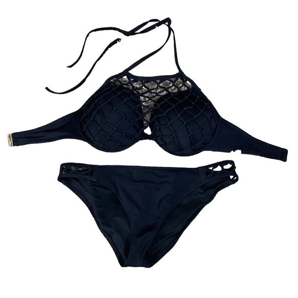Shade & Shore Black Bikini Sexy Fishnet Macrame Sz 36DD Top XL Bottom 254A - Picture 3 of 10